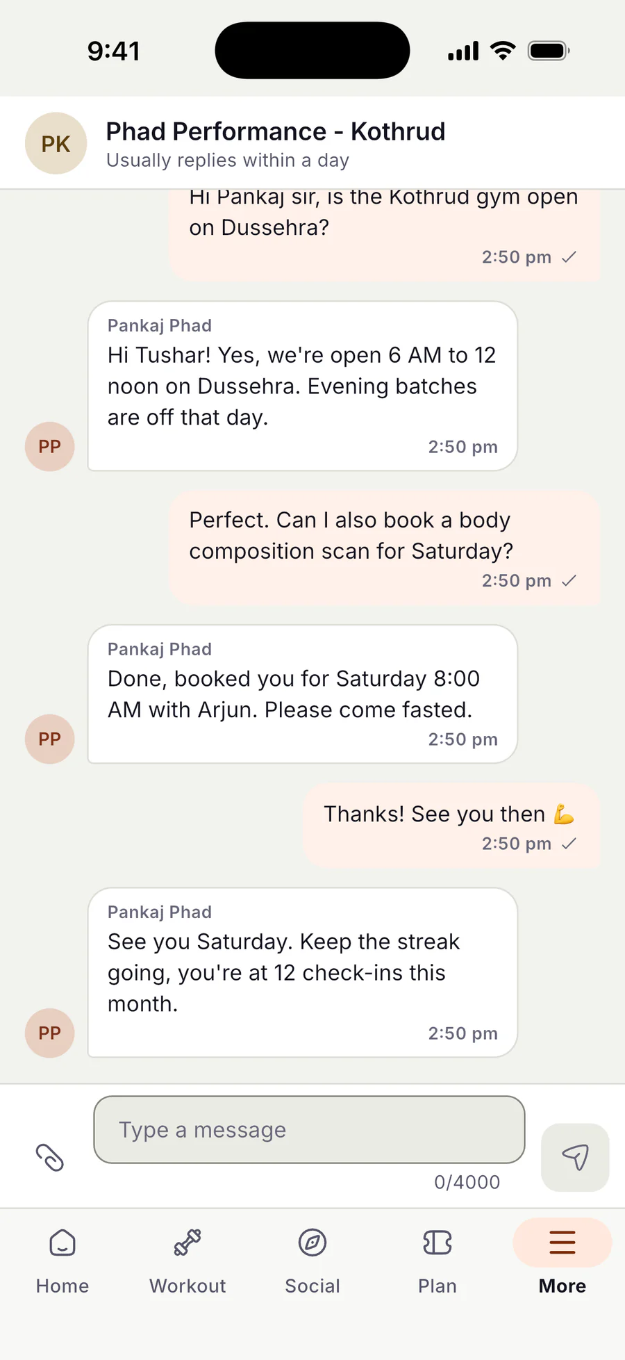 Member chat with Phad Performance - Kothrud, which usually replies within a day. The conversation shows Pankaj Phad confirming the gym is open 6 AM to 12 noon on Dussehra, the member asking to book a body composition scan for Saturday, the gym confirming a Saturday 8:00 AM booking with Arjun, and a closing message encouraging the member's streak. A message field and send button sit at the bottom.