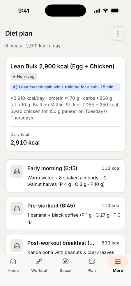 Member Diet plan screen showing 9 meals and 2,910 kcal a day. A plan card titled 'Lean Bulk 2,900 kcal (Egg + Chicken)' is tagged Non-veg and lists a lean muscle gain goal, approximate protein, carbs and fat, and a daily total of 2,910 kcal. Below are meal cards: Early morning at 6:15, warm water with soaked almonds and walnuts, 110 kcal; Pre-workout at 6:45, a banana and black coffee, 110 kcal; and the start of a post-workout breakfast of kanda poha, 590 kcal.