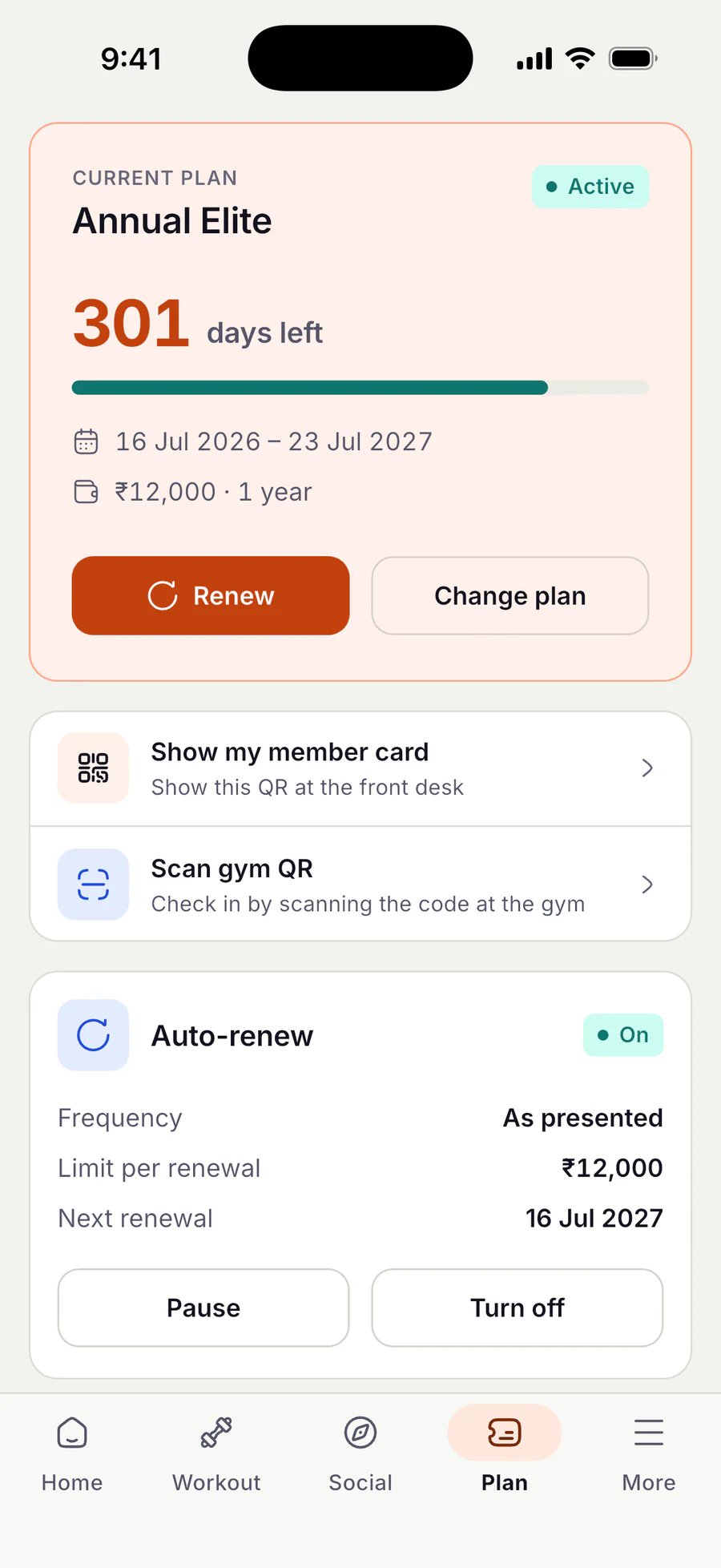 Member 'Current plan' card for Annual Elite marked Active, showing 301 days left with a progress bar, dates 16 Jul 2026 to 23 Jul 2027, price ₹12,000 for 1 year, and Renew and Change plan buttons. Below are 'Show my member card' and 'Scan gym QR' shortcuts, and an Auto-renew card marked On with frequency 'As presented', a limit per renewal of ₹12,000, next renewal 16 Jul 2027, and Pause and Turn off buttons.