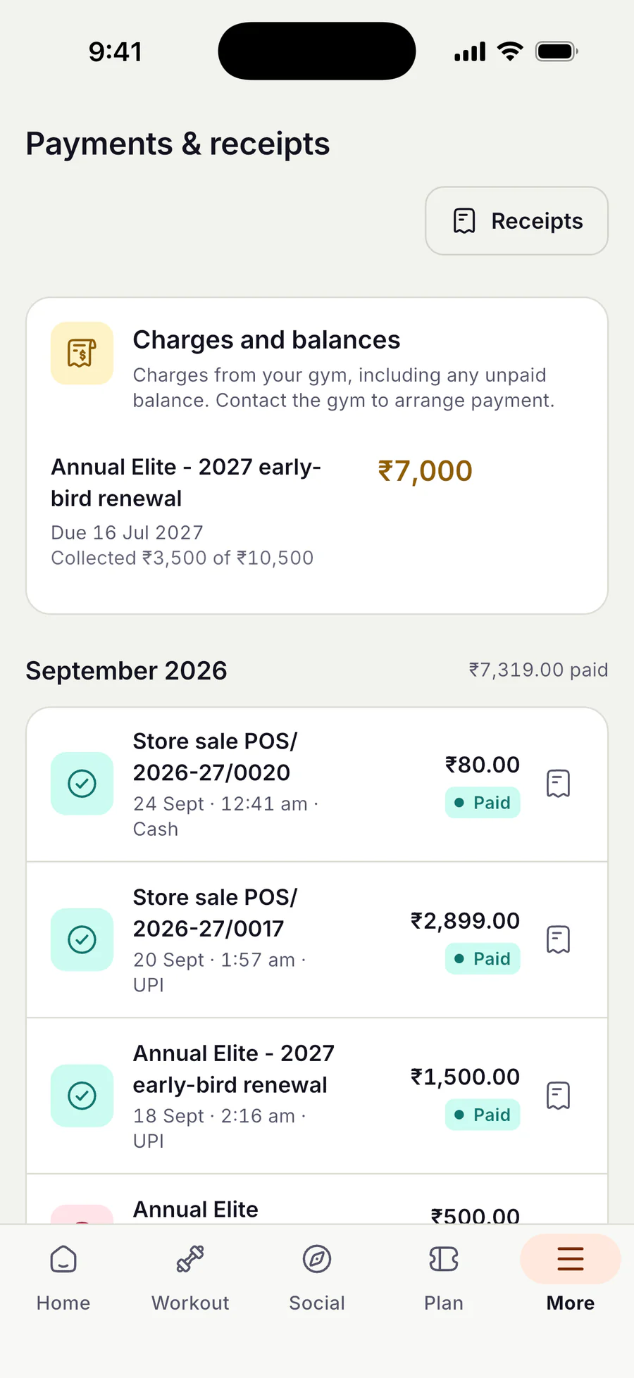 Member 'Payments & receipts' screen with a Receipts button. A 'Charges and balances' card shows an outstanding Annual Elite 2027 early-bird renewal of ₹7,000, due 16 Jul 2027, with ₹3,500 of ₹10,500 collected. Below, a September 2026 list totals ₹7,319 paid and shows paid entries: two store sales of ₹80 in cash and ₹2,899 by UPI, and a ₹1,500 early-bird renewal instalment by UPI, each with a Paid badge and a receipt icon.