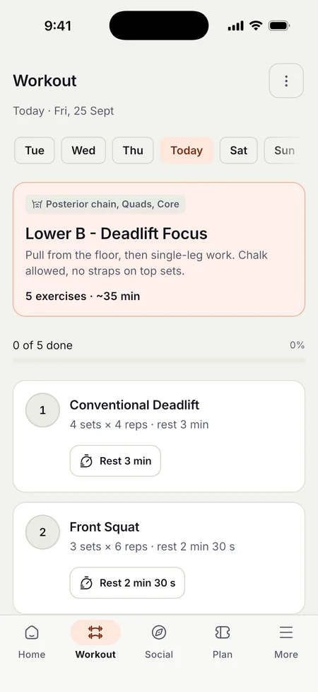 Member Workout screen for today, Friday 25 September, with a row of day chips from Tuesday to Sunday and Today selected. A highlighted card shows 'Lower B - Deadlift Focus' tagged Posterior chain, Quads, Core, with a coach note and '5 exercises · ~35 min'. A progress line reads '0 of 5 done'. Exercise cards list 1 Conventional Deadlift, 4 sets of 4 reps with 3 minutes rest, and 2 Front Squat, 3 sets of 6 reps with 2 minutes 30 seconds rest, each with a rest timer button.
