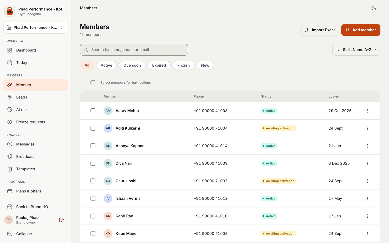Members list for the Kothrud gym with 17 members sorted by name. It has a search field, filter chips (All, Active, Due soon, Expired, Frozen, New), Import Excel and Add member buttons, and bulk-select checkboxes. Rows show avatar initials, name, phone number, a status badge (Active or Awaiting activation) and join date.