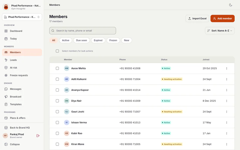 Members list for the Kothrud gym with 17 members sorted by name. It has a search field, filter chips (All, Active, Due soon, Expired, Frozen, New), Import Excel and Add member buttons, and bulk-select checkboxes. Rows show avatar initials, name, phone number, a status badge (Active or Awaiting activation) and join date.